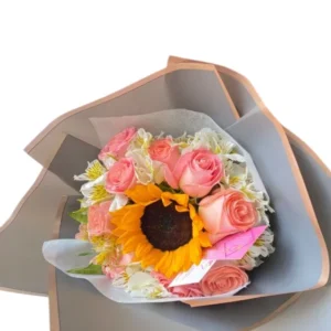 Ramo girasol, rosa rosa y alstroemerias