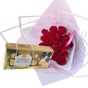 Ramo de 15 rosas + caja de chocolates 8pzas
