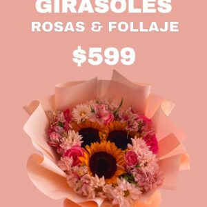 Girasoles, rosas y follaje